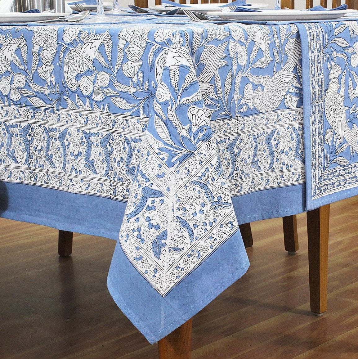 Blue And White Hand Block Printed Table Cloth, Valentine Table Cover, Rectangle Dining Table Linens, Blue Table Cover, Blockprint Tablecloth