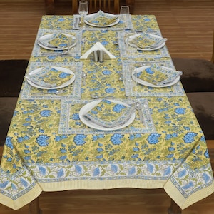 Yellow and Blue Rectangle Block Print Table Cover, Floral Print Tablecloth for Farmhouse Party Wedding Home Housewarming Baby Shower