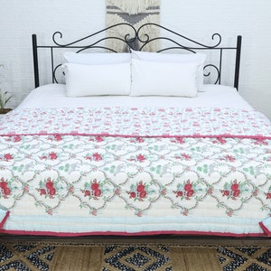 Red Floral and Green Leaves Hand Block Printed Cotton Quilts Indian Reversible Razai Cotton Voile Handmade Floral Quilt King Size Blankets