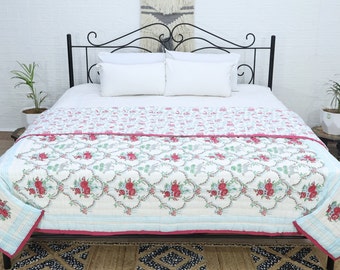 Reversible Cotton Quilt – Hand Block Print Kantha Blanket, Lightweight Boho bedspread , Indian Floral Bedding, Farmhouse and Home Decor