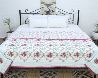 Red Floral and Green Leaves Hand Block Printed Cotton Quilts Indian Reversible Razai Cotton Voile Handmade Floral Quilt King Size Blankets