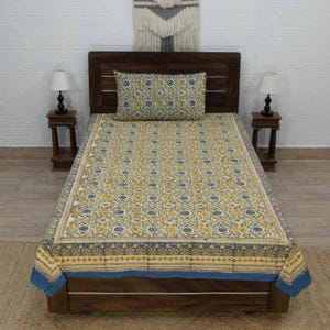 Hand Block Print, Cotton Bedsheet, Floral Bedsheet, Yellow Beautiful Bed Cover, Bedsheet For Twin, Queen, King, Bedsheet For Gifts
