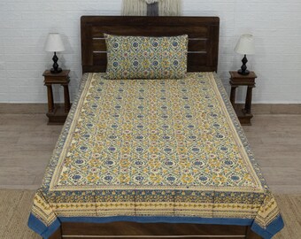 Hand Block Print, Cotton Bedsheet, Floral Bedsheet, Yellow Beautiful Bed Cover, Bedsheet For Twin, Queen, King, Bedsheet For Gifts