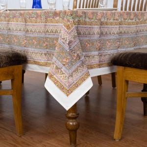 Weißer und roter Esstischbezug aus Baumwolle, handgefertigte Tischdecke, floraler Tischbezug, blockbedruckte Tischdecke
