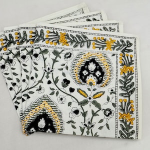 Black, Grey and Yellow Indian Hand Block Printed Cotton Cloth Napkins Housewarming Gift Table Napkins For Wedding Party Table Decor