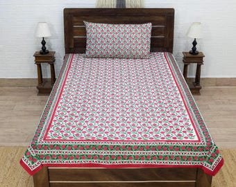 Rosa & Grün Handblock Gedruckt Baumwolle Bettlaken - Floral Bettbezug Set für Zwillinge, Königin, König - Wunderschönes Indisches Bettwäsche Dekor