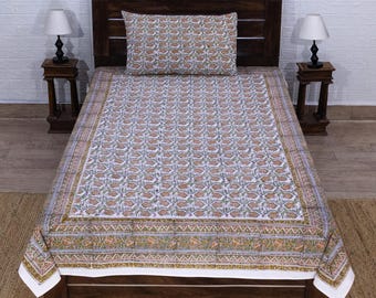 Brown and Orange Handblock Print Cotton Bedsheet with Pillow Cover, Paisley Design, Indian Traditional Bedding, Bedsheet For Christmas Gifts