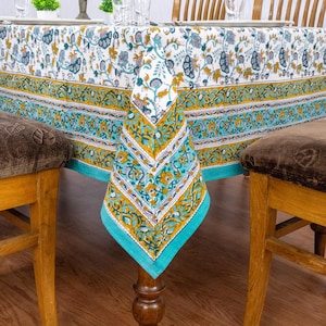 Hand Block Prints - Blue and Yellow Indian Hand Block Print Cotton Tablecloth, Rectangle Table Cover, Housewarming Gift, Tablecloth For Gift