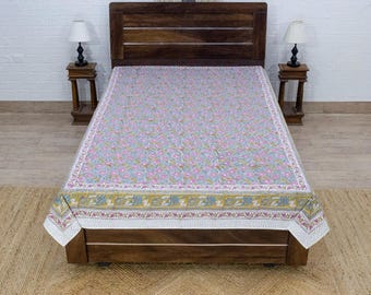 Brown and Pink Floral Hand Block Printed Cotton Bedsheet, Twin, Queen, King Size Bed Cover Set, Indian Handmade Bedding, Bedsheet For Gifts