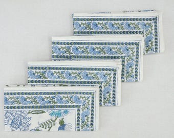 Blue Floral Print Napkins, Hand Block Printed 100% Cotton Napkins Set of 4,6,12,24,48 Indian Handmade Napkins, Wedding   New Year Gifts