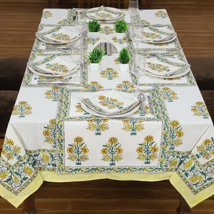 Yellow & White Hand Block Print Tablecloth, Floral Printed Tablecover, 100%  Cotton Rectangle Table Cloth For Dining Kitchen Everyday Use