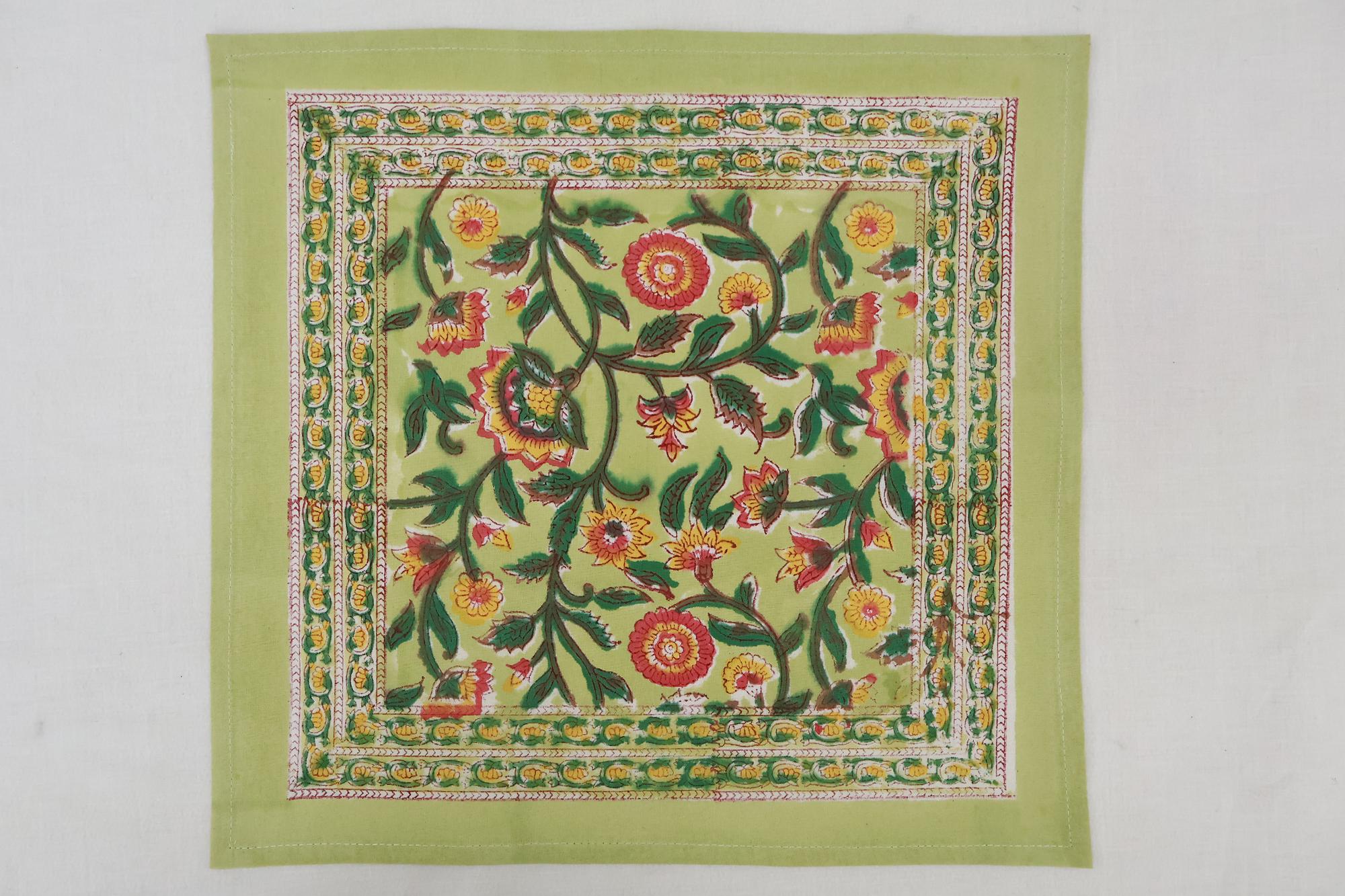 Greenish Yellow Napkins, Hand Block Prints, Floral Print Napkins, Handkerchief For Dining & Kitchen, Gifts for Her, Gifts for Mom