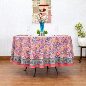 Pink & Blue Cotton Table Cover, Dining Table Linens, Block Printed Tablecloth, Christmas Gift, Round Tablecloth