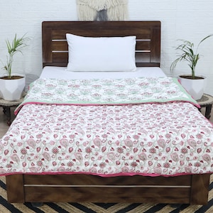 Pink and  Light Tealish Green Indian Hand Block Printed Cotton Quilts Reversible Jaipuri Razai Cotton Voile Handmade Floral Quilt