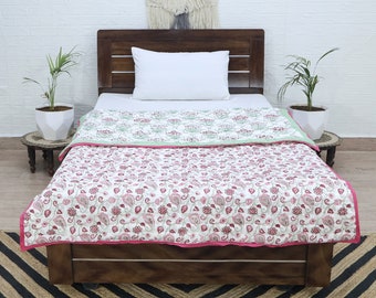 Pink and  Light Tealish Green Indian Hand Block Printed Cotton Quilts Reversible Jaipuri Razai Cotton Voile Handmade Floral Quilt