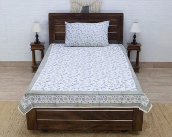 Floral Hand Block Printed Cotton Bedsheet, Ethnic Bed Cover Set
