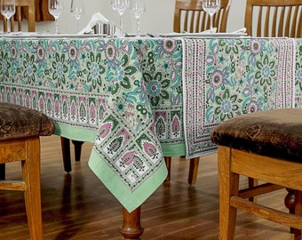 Conjunto de capa de mesa impressa em bloco de madeira verde e azul, presente de casamento, toalhas de mesa francesas, guardanapos de mesa