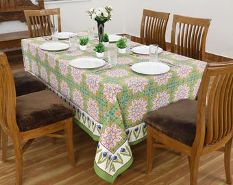 Hand Block Printed Tablecloth – Green & Pink Valentine Table Cover, Rectangle Dining Linen, BohoTable Decor, Handmade Tablelcoth For Gifts