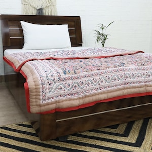 Cream Multicolor  Hand Block Printed Quilted Blanket 100% Cotton Quilt, Aesthetic Winter Warm Quilt, Luxury Reversible Quilt Jaipur Razai