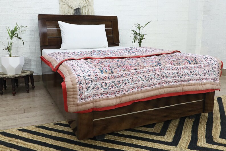 Cream Multicolor  Hand Block Printed Quilted Blanket 100% Cotton Quilt, Aesthetic Winter Warm Quilt, Luxury Reversible Quilt Jaipur Razai