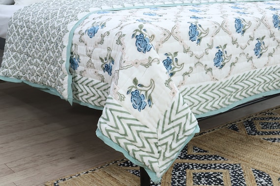 Carolina Blue and White Indian Hand Block Printed Cotton Quilts King, Queen Size Blankets Reversible Quilt For Bed, Valentines Gifts