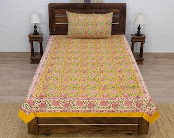Yellow and Pink Floral Hand Block Printed Cotton Bedsheet, Indian Bed Cover Set for Twin, Queen, King,Handmade Cotton Bedding Christmas Gift