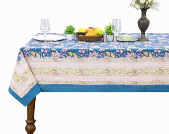Blue Pink Floral Hand Block Print Cotton Tablecloth | Boho Indian Dining Decor