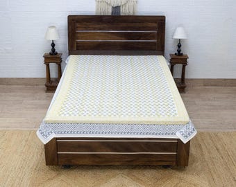 Yellow and Blue Floral Hand Block Print Cotton Bed Cover, Festive Bedding for Christmas Decor & Gifts