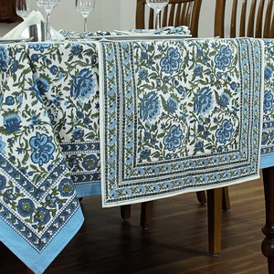 Blue Floral Table Cover, Bohemian Table Cloth, Handmade Table Top, Wedding Gift, Indian Table Linens, Valentine Gifts