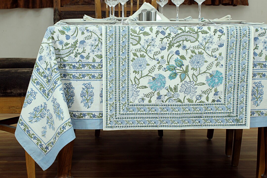 Baby Blue and White Block Printed Table Cloth, Rectangular Table Cloth ...