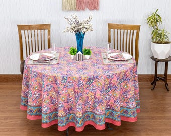 Pink and Blue Cotton Linen, Hand Block Print, Dining & Christmas Gift Decor