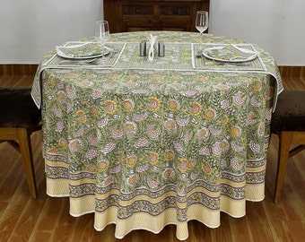Green & Yellow Floral Block Printed Table Cover, Round Tablecloth,Luxury Cotton Tablecloth,Dining Table Linens,Table Top,Gifts For Christmas