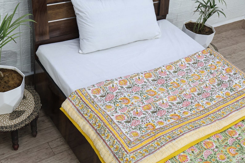Yellow and Green Indian Hand Block Floral Printed Cotton Quilts Reversible Jaipuri Razai King Quilts Queen Size Quilts Gifts for Dad
Handmade Razai
Cotton Quilt Razai
Reversible Razai
Throw Quilted 
Boho Hippie Quilt
Blanket Razai
Housewarming Gifts