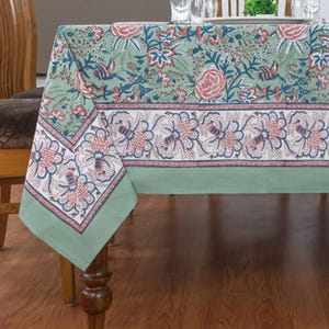 Summer Green and Pink Indian Hand Block Printed Cotton Tablecloth, Table Cover For Housewarming Gift and Party Table Decor Cloth