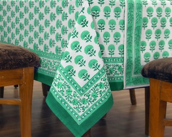 Light Green and White Indian Hand Block Printed Tablecloth Cotton Table Cover Dining Table Decor Printed Table Mats and Napkins