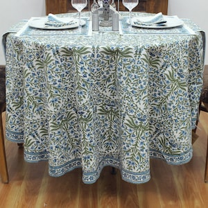 Blue and Green Floral Round Tablecloth, Indian Block Print Round Table Cover, Circle Tablecloth,  Country Kitchen Round TableCloth