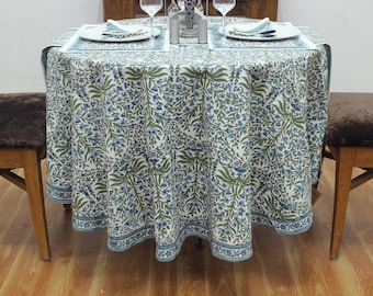 Blue and Green Dining Tablecloth, 100% Pure Cotton Table Cover, Wedding Gift, Block Printed Mats & Napkins, Table Top