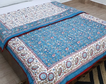Blue Color Block Print Quilt King Queen Quilt, Handmade Jaipur Quilt Jaipuri Rajai, Indian Cotton Quilt, Reversible Quilt, Valentines Gifts