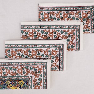 Pinkish Brown Border and Yellow Indian Hand Block Printed Cotton Table Napkins, Wedding Events Home Party Gifts 16 x 16 Inches