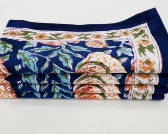 Burnt Blue, Orange Floral Indian Block Print Napkins, Cotton Dining Table Daily Use Napkins, Wedding Event Home Party Table Handkerchief