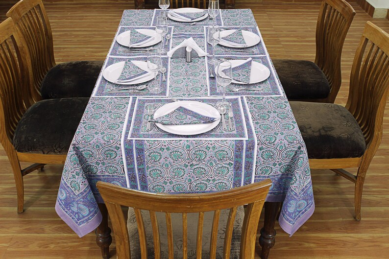 HomeSpun Floral Hand Block Printed Cotton Tablecloth - Thumbnail 4