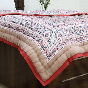 Cream Multicolor  Hand Block Printed Quilted Blanket 100% Cotton Quilt, Aesthetic Winter Warm Quilt, Luxury Reversible Quilt Jaipur Razai