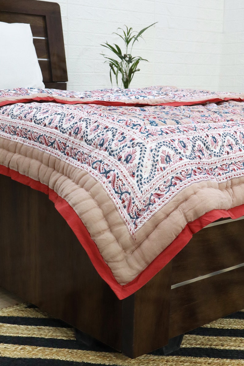 Cream Multicolor  Hand Block Printed Quilted Blanket 100% Cotton Quilt, Aesthetic Winter Warm Quilt, Luxury Reversible Quilt Jaipur Razai