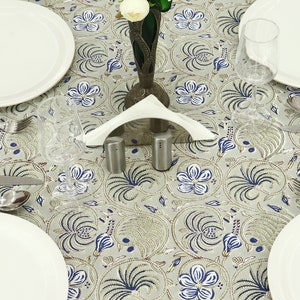 Gray and Blue Floral Dinind Table Cloth, Block Printed Table Napkins & Mats, Dining Table Decor, Gift for Her, Housewarming Table Cover