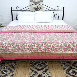 Pink Light Green Quilt, Indian Hand Block Floral Printed Quilts, Cotton Quilts For King, Queen Size Bed Reversible Blankets, Valentines Gift