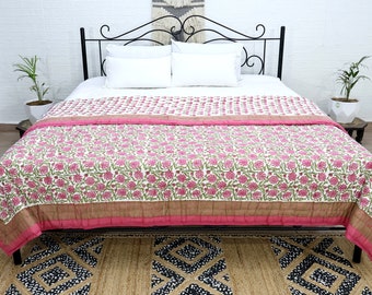 Blaue und weiße Handblock-bedruckte Baumwolldecke, indische wendbare Razai-Baumwoll-Voile, handgefertigte florale Steppdecke, leichte Decke