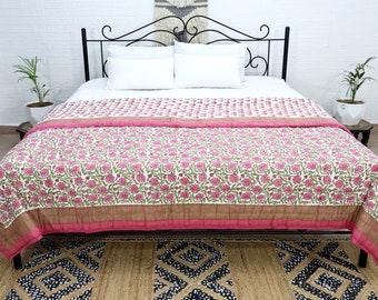 Pink Light Green Quilt, Indian Hand Block Floral Printed Quilts, Cotton Quilts For King, Queen Size Bed Reversible Blankets, Valentines Gift