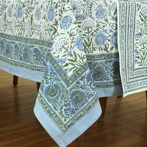 Copritavolo stampato a blocchi floreali blu e bianchi, tovaglia di cotone di lusso, tovaglioli stampati a blocchi