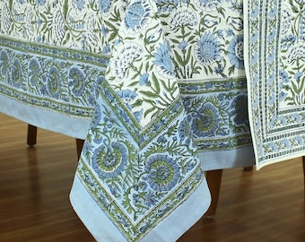Couverture de table imprimée en bloc floral bleu et blanc, nappe en coton de luxe, serviettes imprimées en bloc, linge de table indien