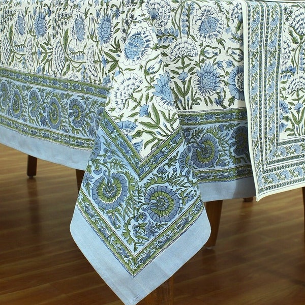 Couverture de table imprimée en bloc floral bleu et blanc, nappe en coton de luxe, serviettes imprimées en bloc, linge de table indien